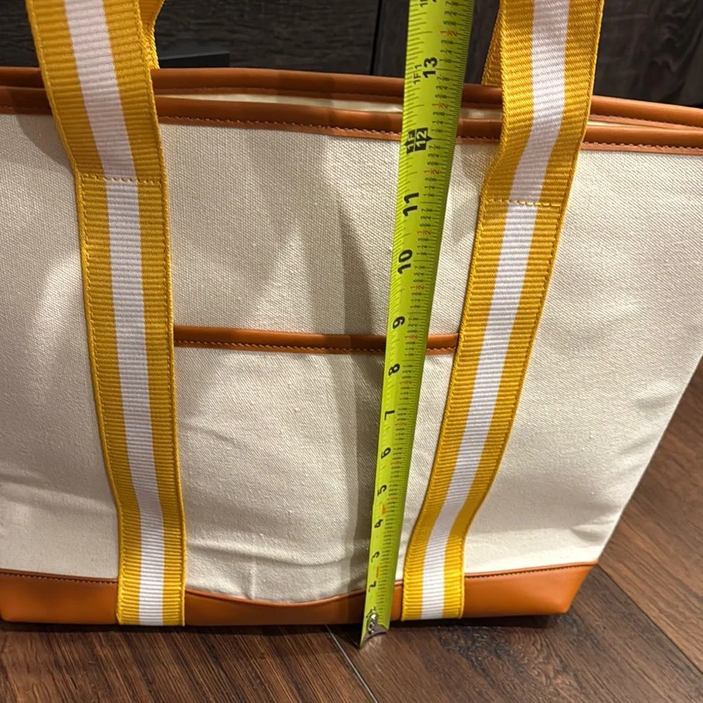 Stylish Canvas Cream and Tan Tote Bag with striped yellow/ white straps NWOT - Picture 7 of 9
